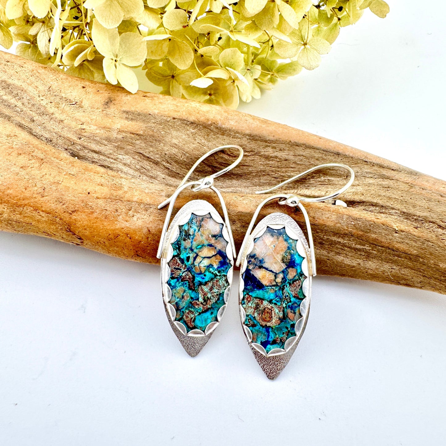 Chrysocolla Azurite Long Oval Earrings