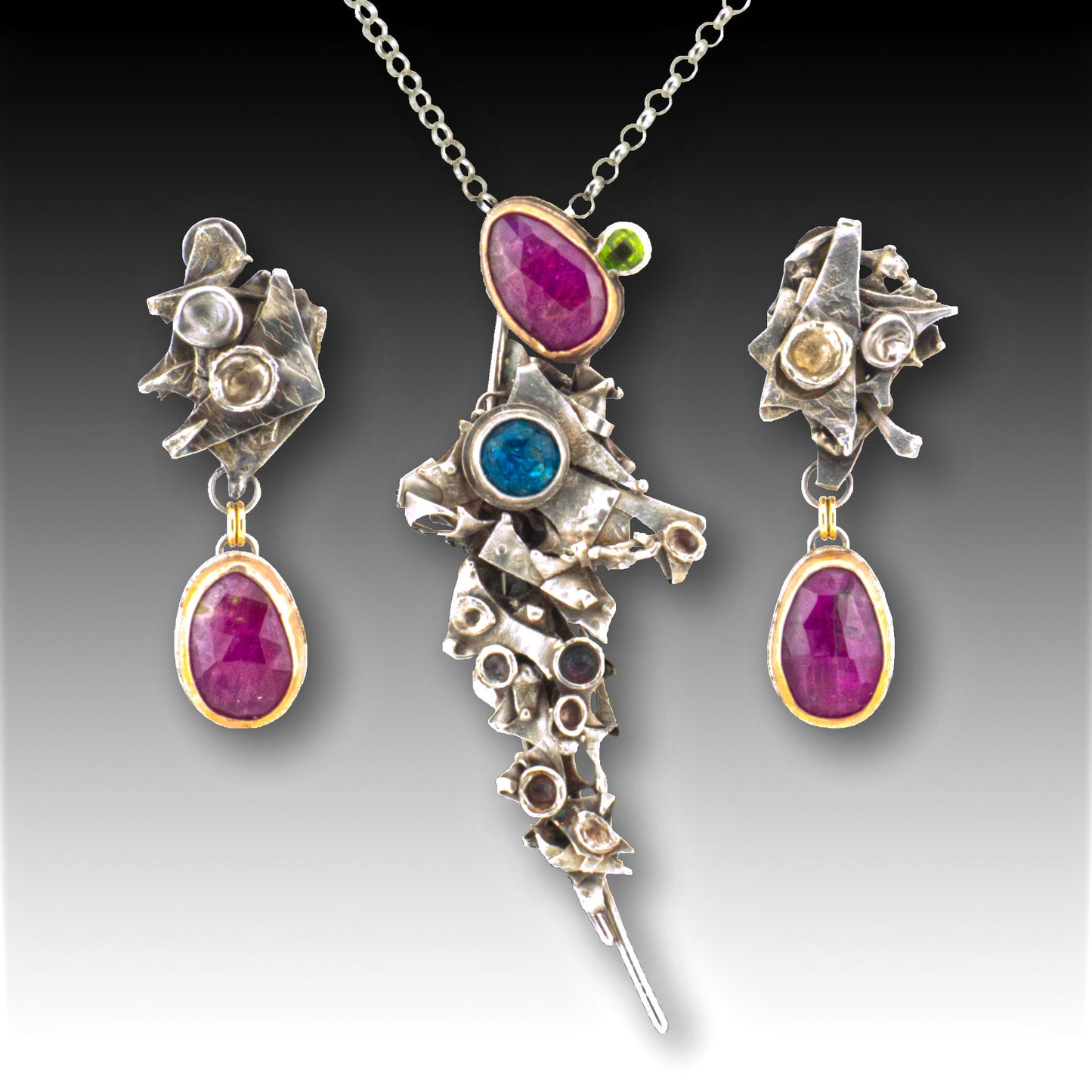 Cosmic Dream with Ruby, Peridot & Apatite Pendant Necklace & Ruby Earrings