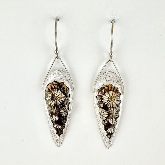 Fossil Coral Pointed Shield Earrings