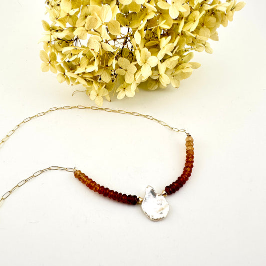 Hessonite Garnet Ombre with Pearl 14K Gold Filled Necklace