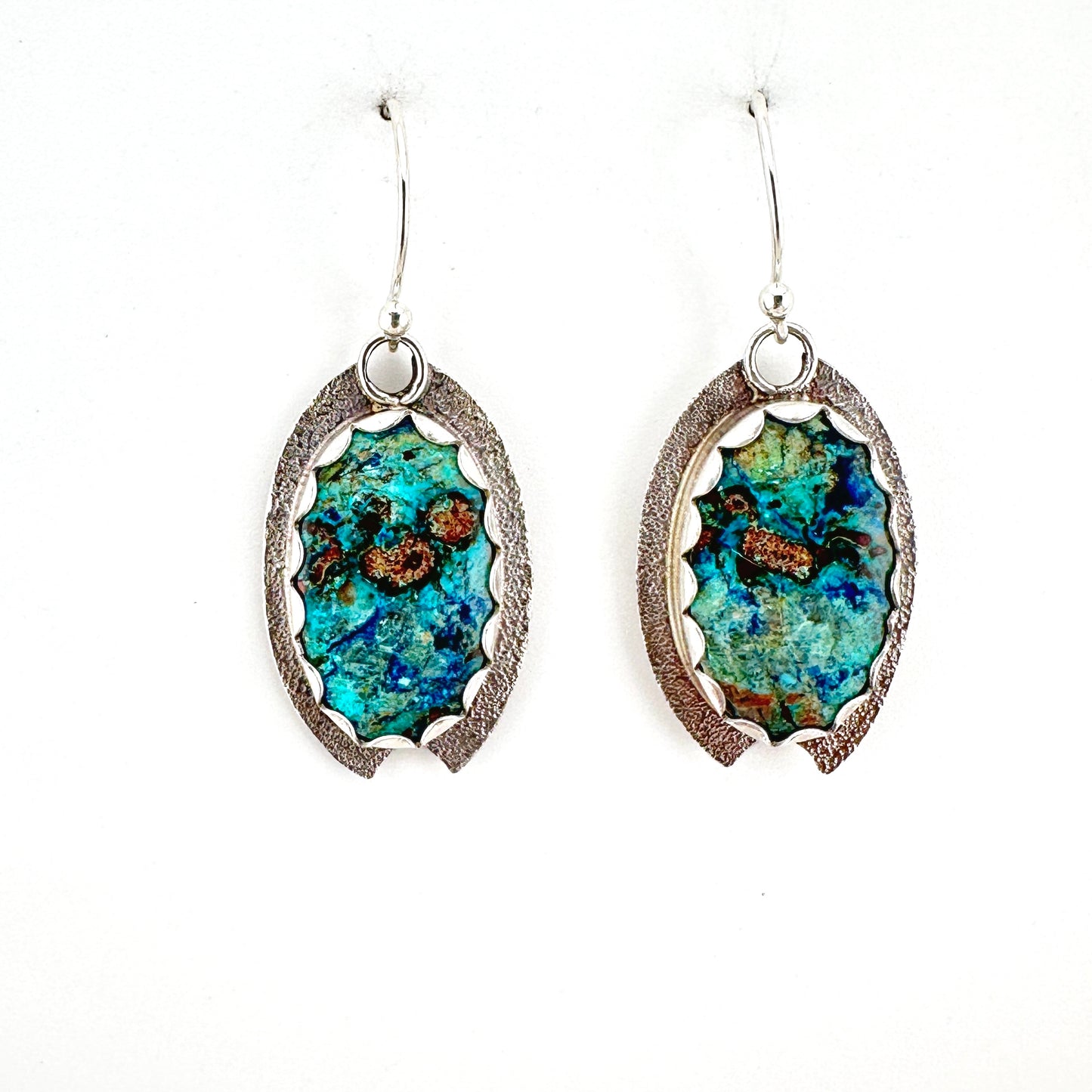 Chrysocolla Azurite Oval Textured & Notched Earrings