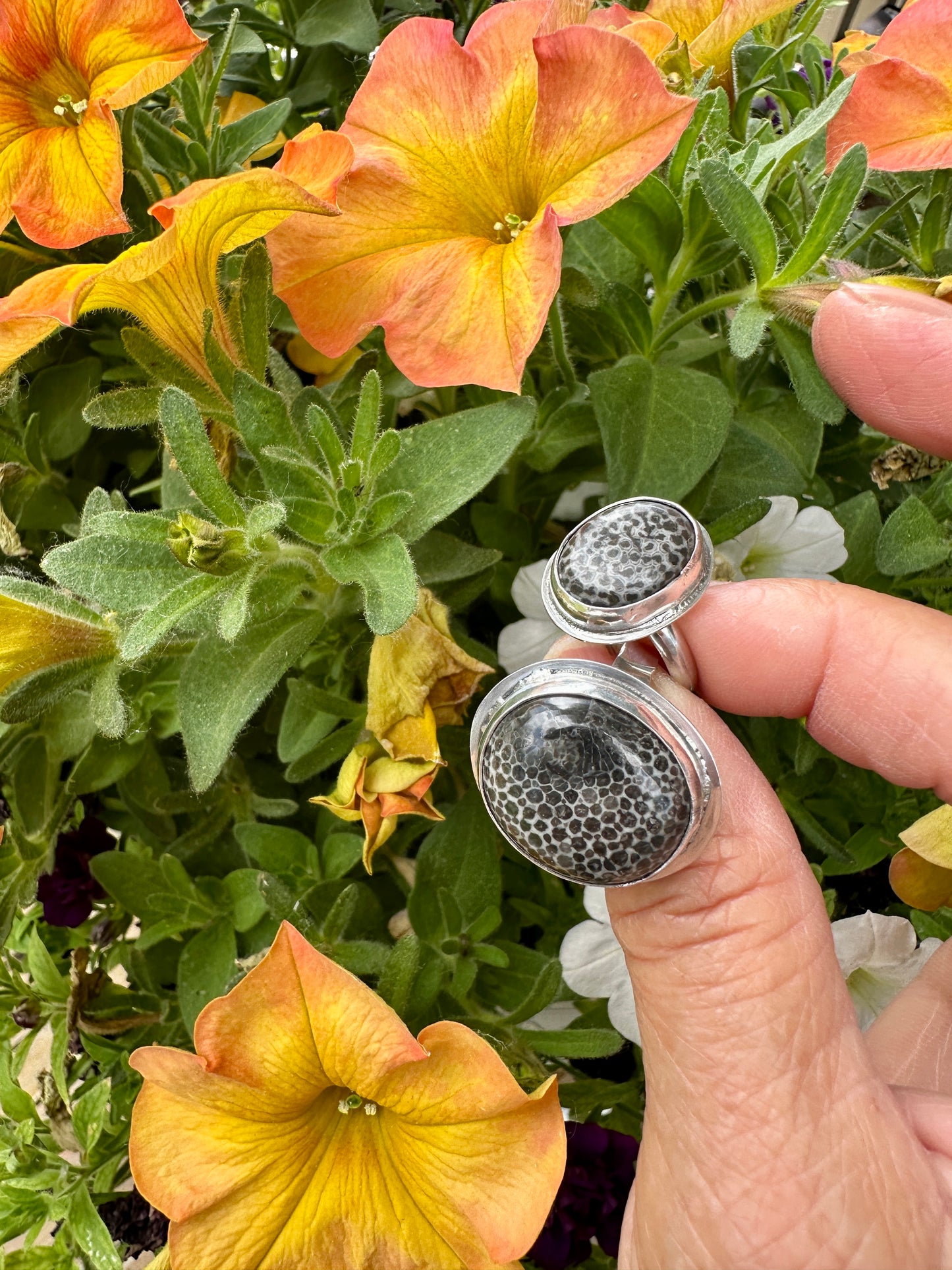 Oval Stingray Fossil Coral Ring Size 10
