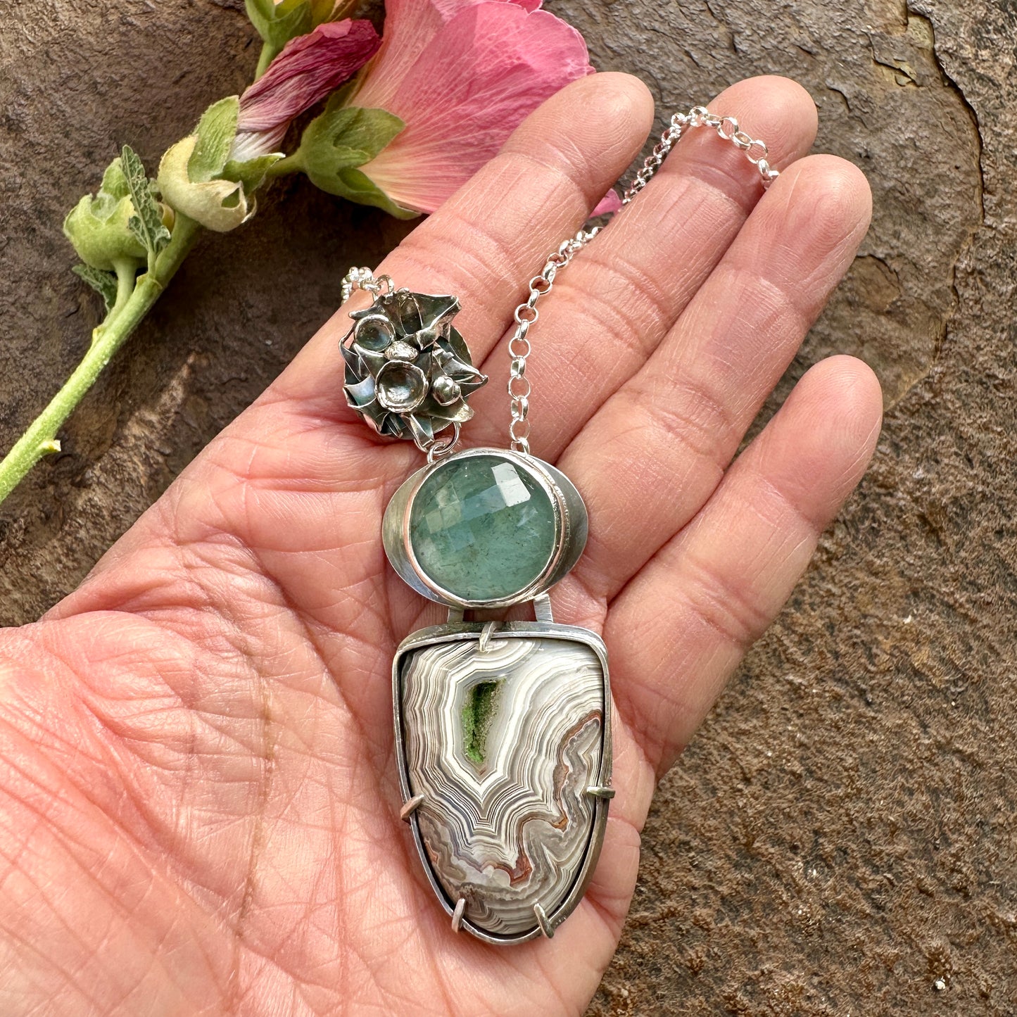 Aquamarine & Crazy Lace Agate Warrior Necklace