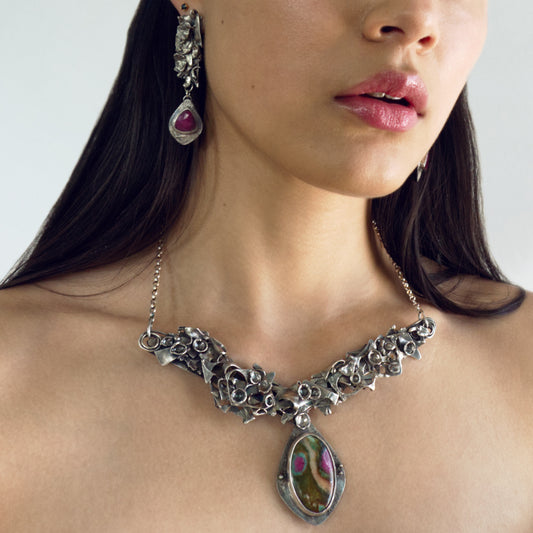 Amazonian Warrior Fused Fuchsite Pendant Necklace & Ruby Earrings