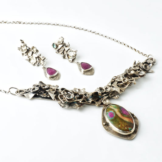 Amazonian Warrior Fused Fuchsite Pendant Necklace & Ruby Earrings