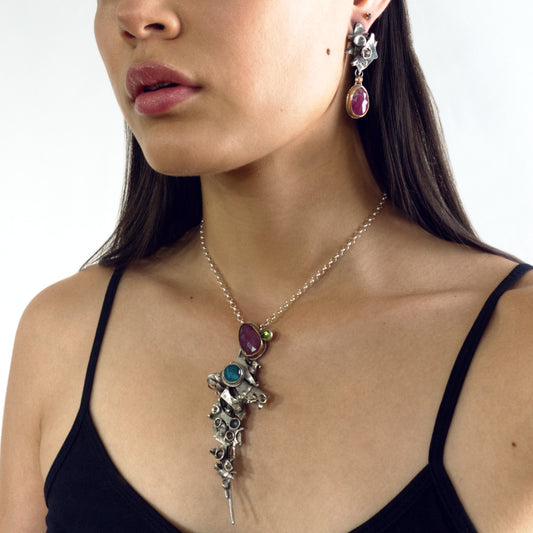 Cosmic Dream with Ruby, Peridot & Apatite Pendant Necklace & Ruby Earrings