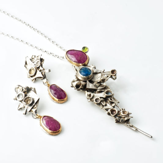 Cosmic Dream with Ruby, Peridot & Apatite Pendant Necklace & Ruby Earrings