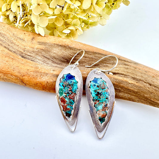 Chrysocolla Azurite Feather Shape Earrings