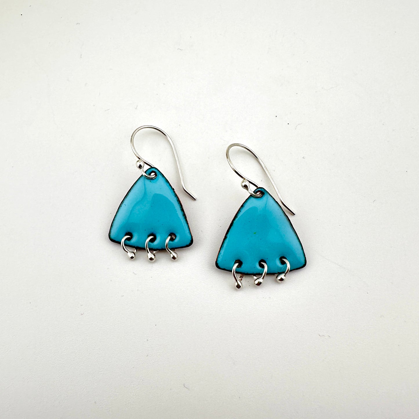 Triangle & Silver Ball Dangles Enameled Earrings