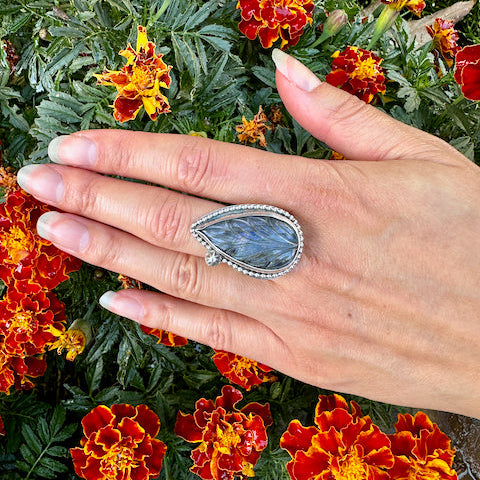 Carved Wheat Teardrop Labradorite Ring Size 10