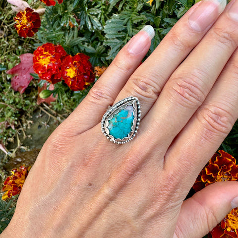 Teardrop Turquoise Beaded Ring Size 6.25