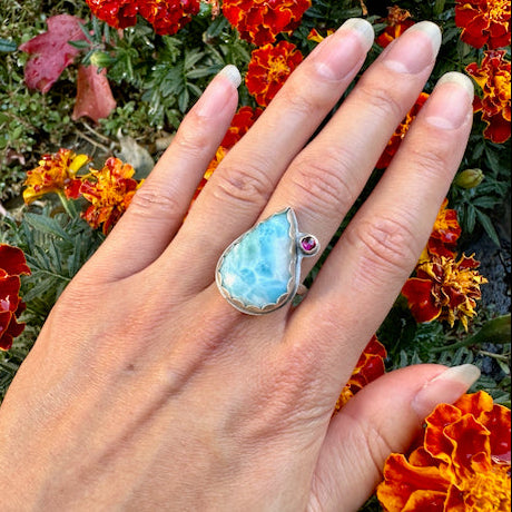 Teardrop Larimar & Garnet Ring Size 9.25