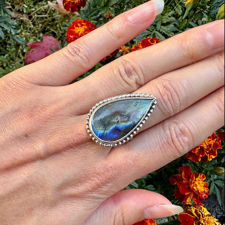 Blue Purple Gold Flashes Teardrop Labradorite Ring Size 9