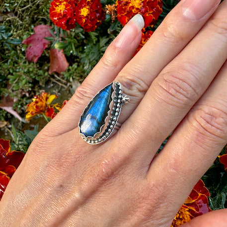 Teardrop Labradorite Blue Flash Ring Size 6.5