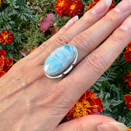 Faceted Oval Larimar Notched Ring Size 9.25