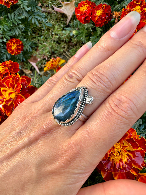 Teardrop Labradorite Blue Flash Ring Size 7