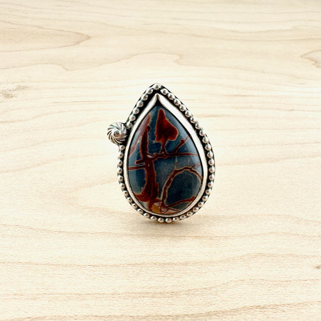 Teardrop Dendritic Rhyolite Beaded Ring Size 9.5