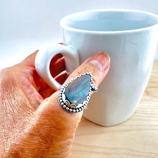 Teardrop Labradorite Blue Purple Flash Ring Size 8.75
