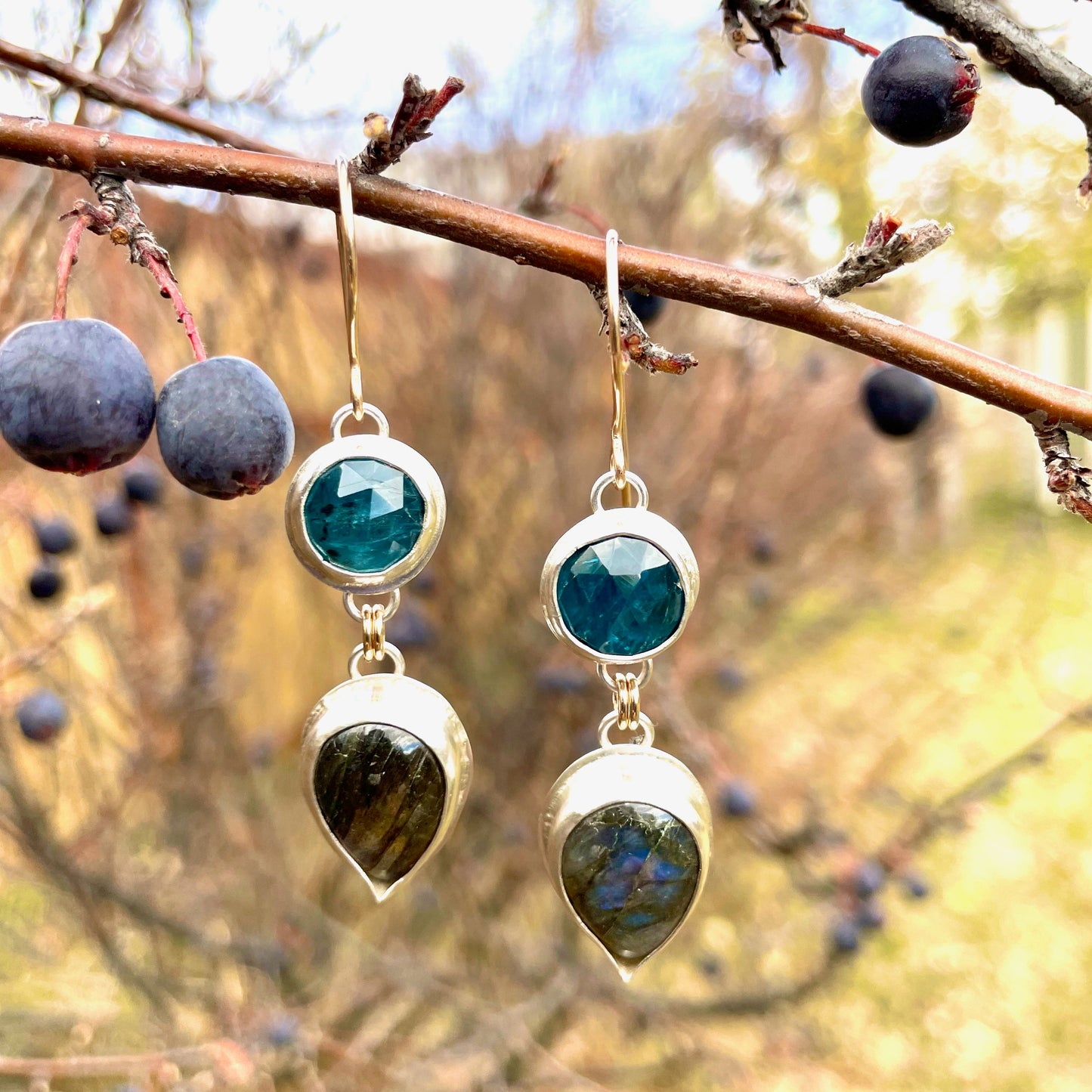 Shimmery 2 Gem Drops Paraiba Kyanite & Labradorite Earrings