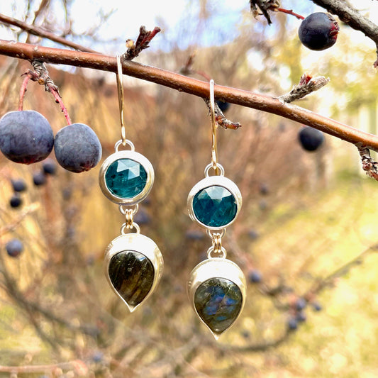 Shimmery 2 Gem Drops Paraiba Kyanite & Labradorite Earrings
