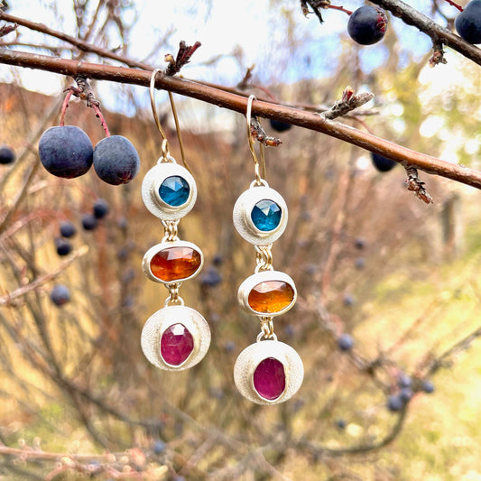 Shimmery 3 Gem Drops Kyanite & Pink Sapphire Earrings