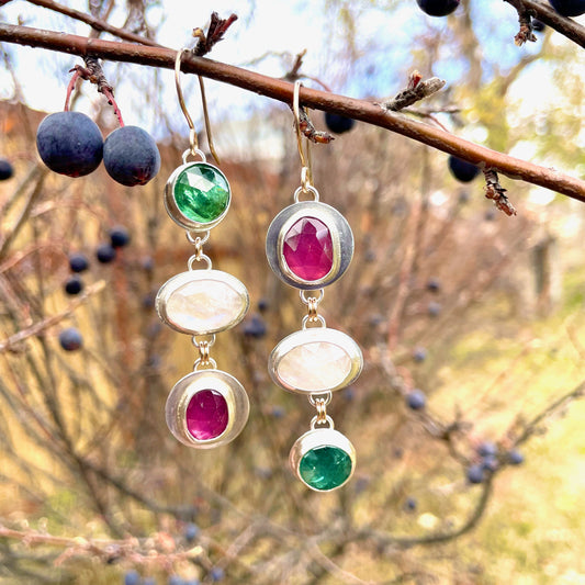 Shimmery 3 Gem Drops Kyanite, Moonstone & Pink Sapphire Earrings