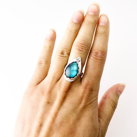 Teardrop Labradorite Blue Flash Ring Size 8.5