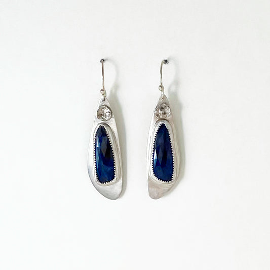 Blue Sapphire Rosecut Long Feather Earrings