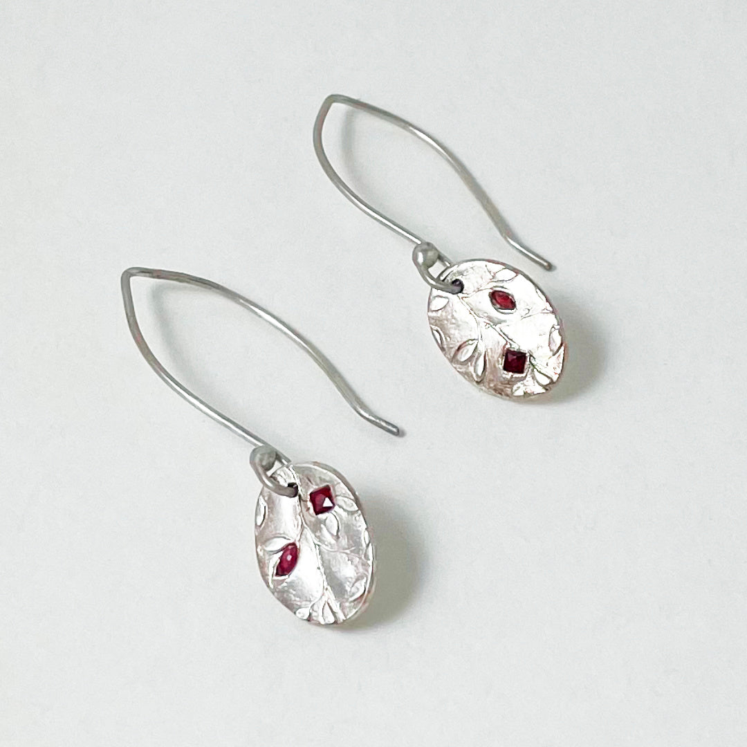 Vine Pattern & Ruby Oval Earrings