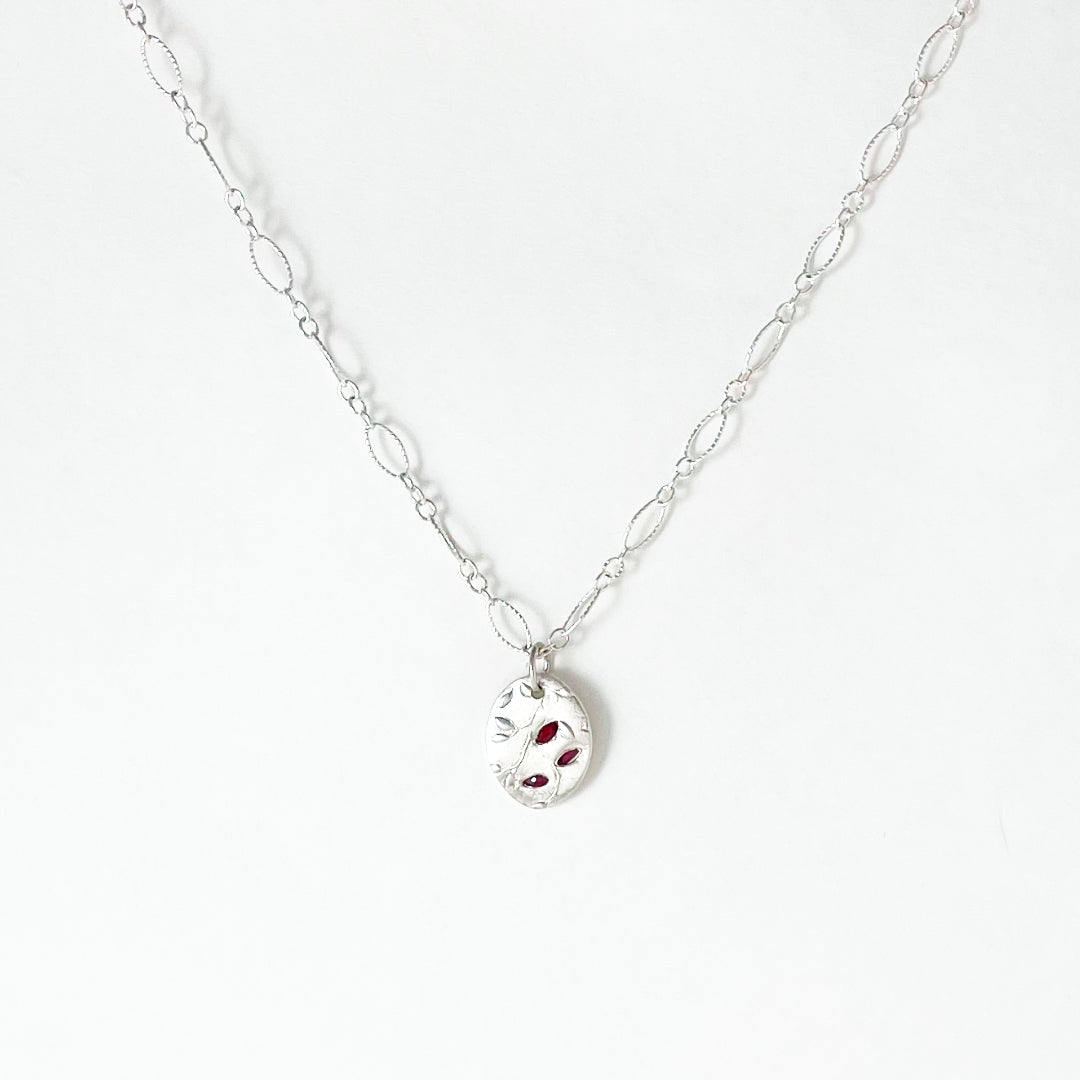 Vine Pattern & Ruby Oval Pendant Necklace