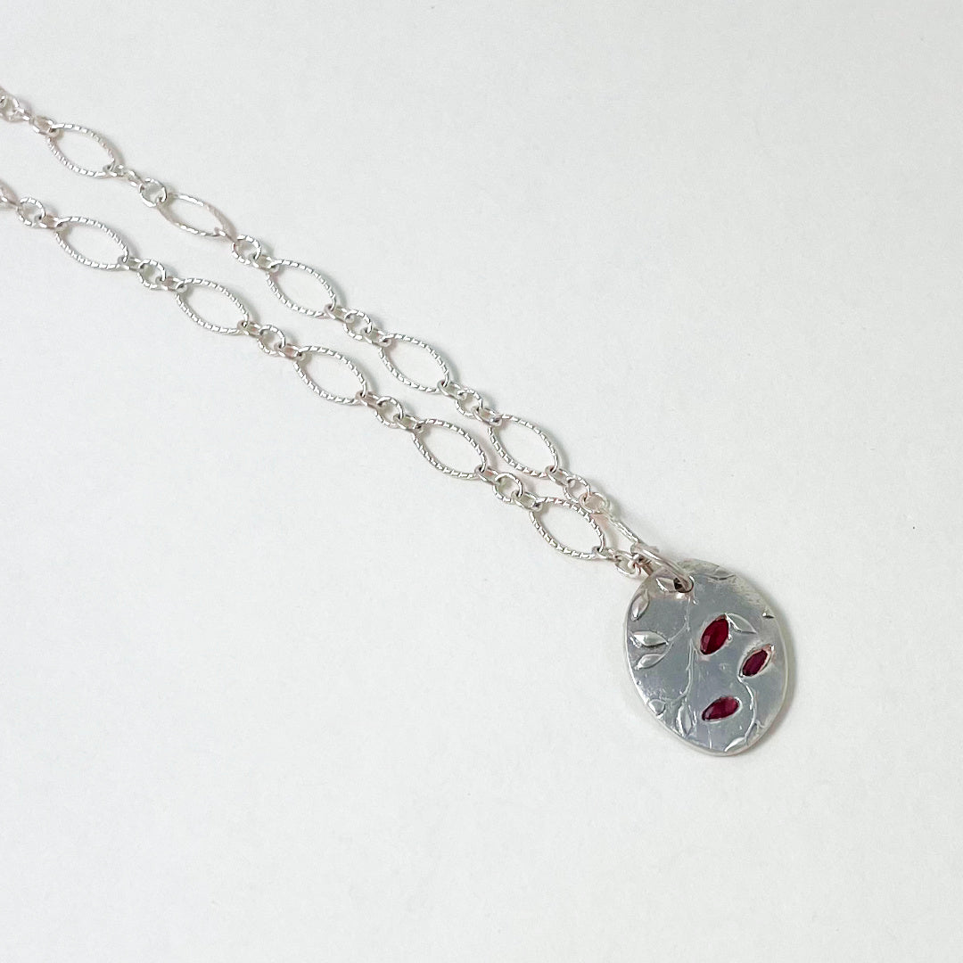 Vine Pattern & Ruby Oval Pendant Necklace