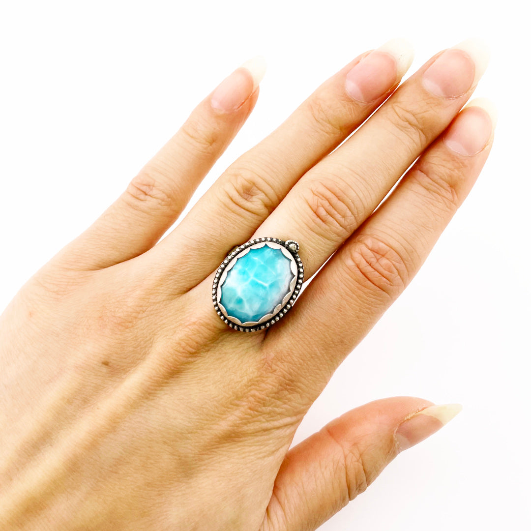 Larimar Oval Beaded Decorative Ring Size 8.5