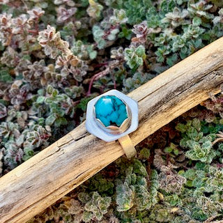 Small Oval Turquoise Hexagon Ring Size 5.5