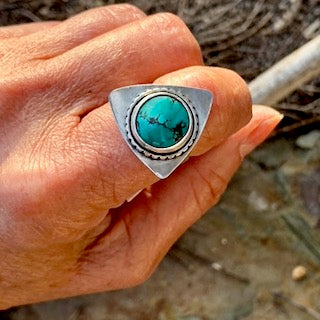 Round Turquoise Triangle Ring Size 6.75