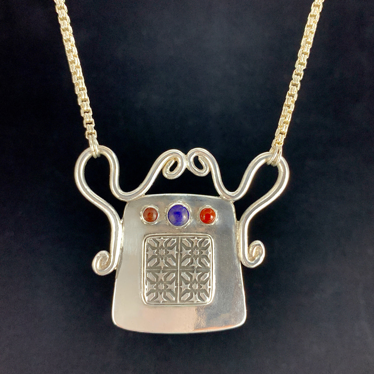 Tribal Spirit Lock Pendant with Lapis & Carnelian Necklace