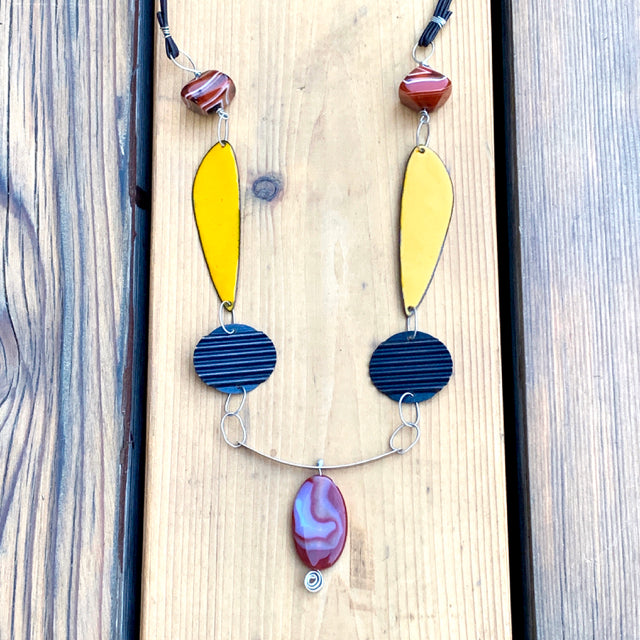 Serendipity 7 - Banded Agate Enameled Talisman Necklace