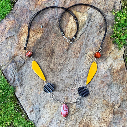 Serendipity 7 - Banded Agate Enameled Talisman Necklace