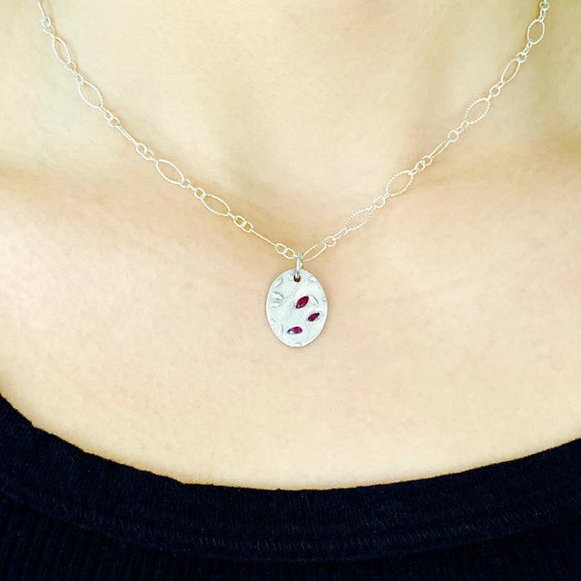 Vine Pattern & Ruby Oval Pendant Necklace