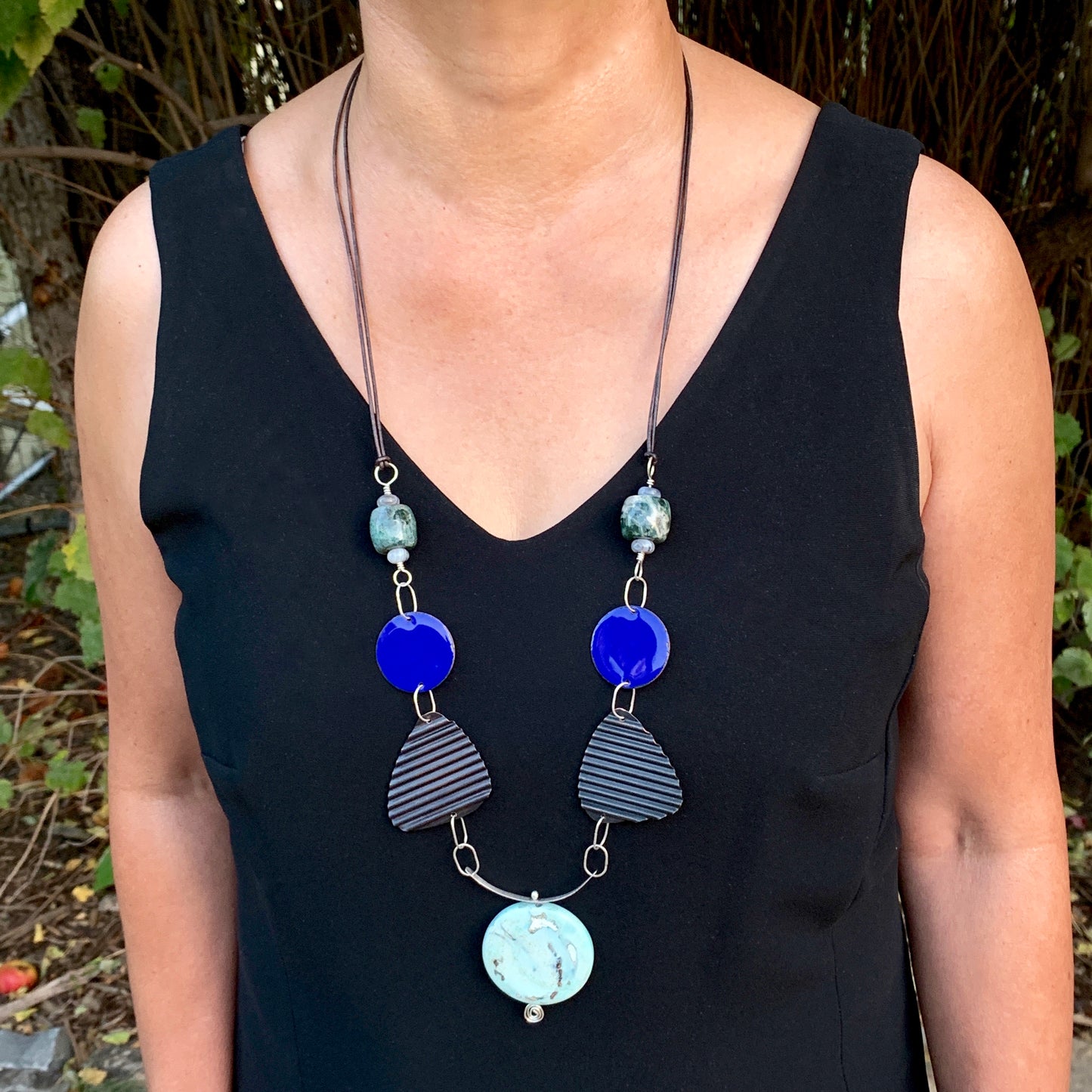Serendipity 7 - Banded Agate Enameled Talisman Necklace