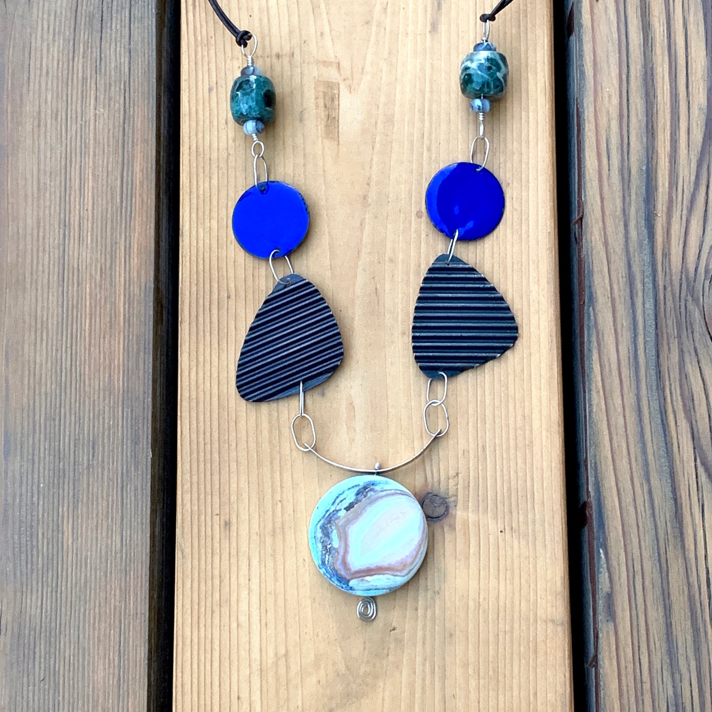Serendipity 7 - Banded Agate Enameled Talisman Necklace
