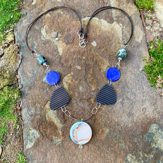Serendipity 7 - Banded Agate Enameled Talisman Necklace