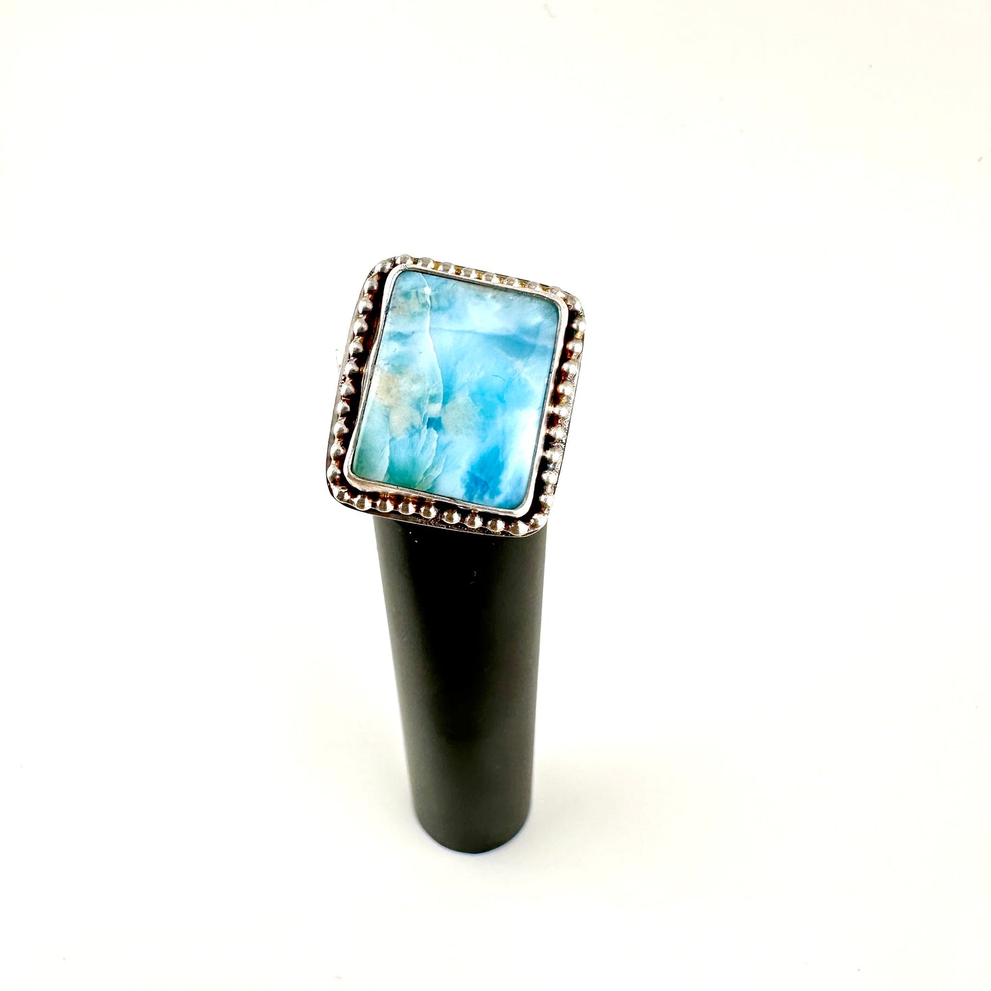 Rectangle Larimar with Beaded Decorative Ring Size 8.5