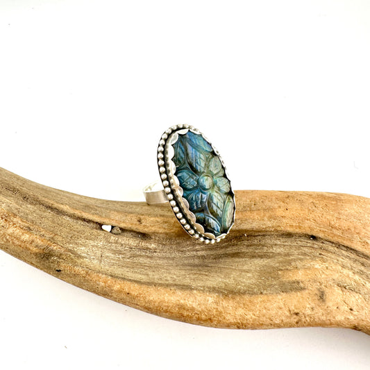 Carved Oval Blue Labradorite Ring Size 9.5