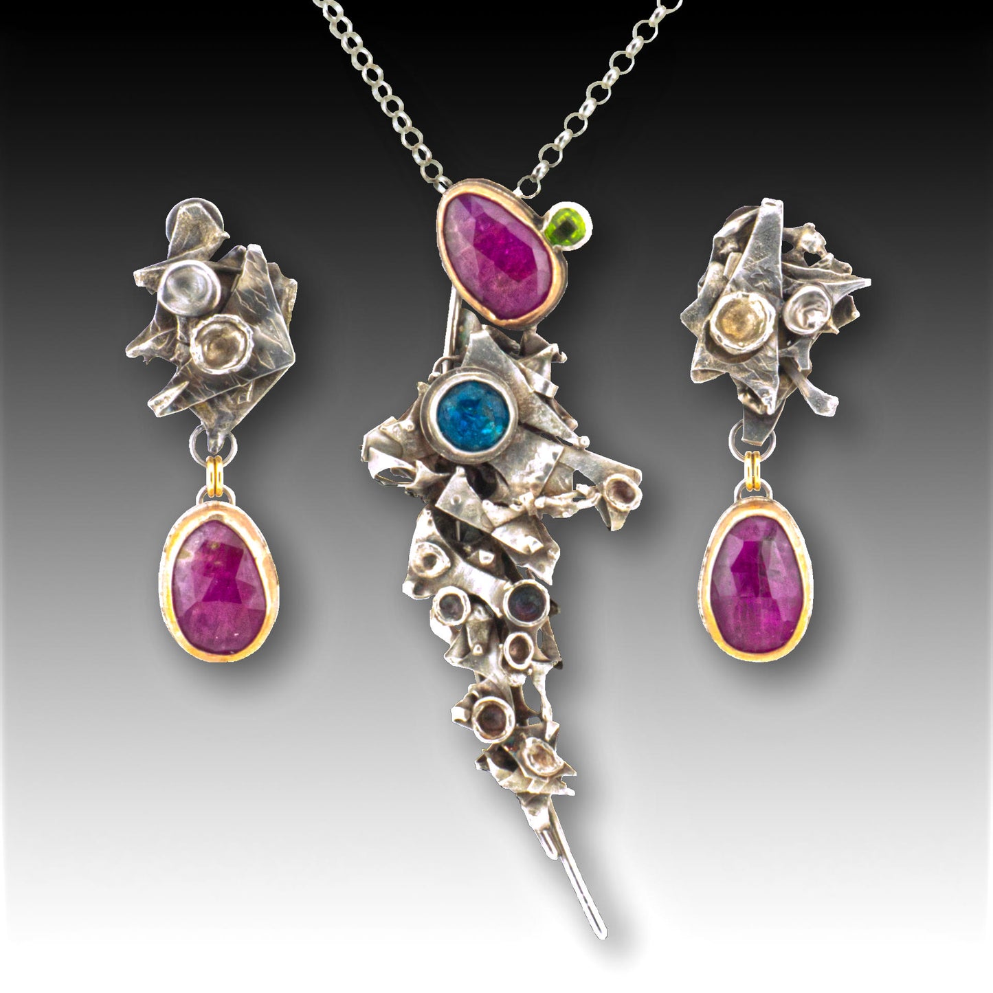 Cosmic Dream Sterling with Ruby, Peridot & Apatite Pendant Necklace & Ruby Earrings