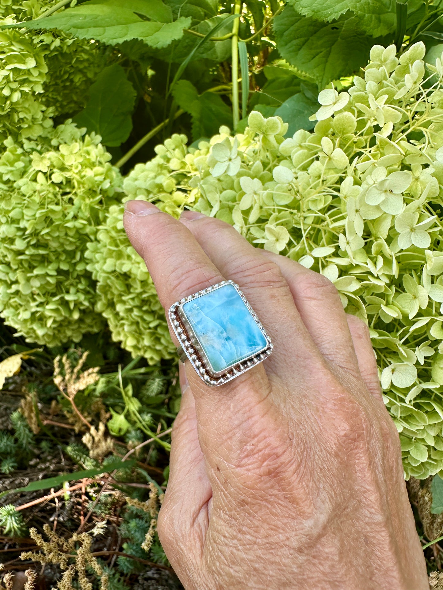 Rectangle Larimar with Beaded Decorative Ring Size 8.5