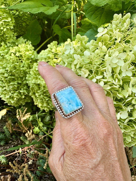 Rectangle Larimar with Beaded Decorative Ring Size 8.5