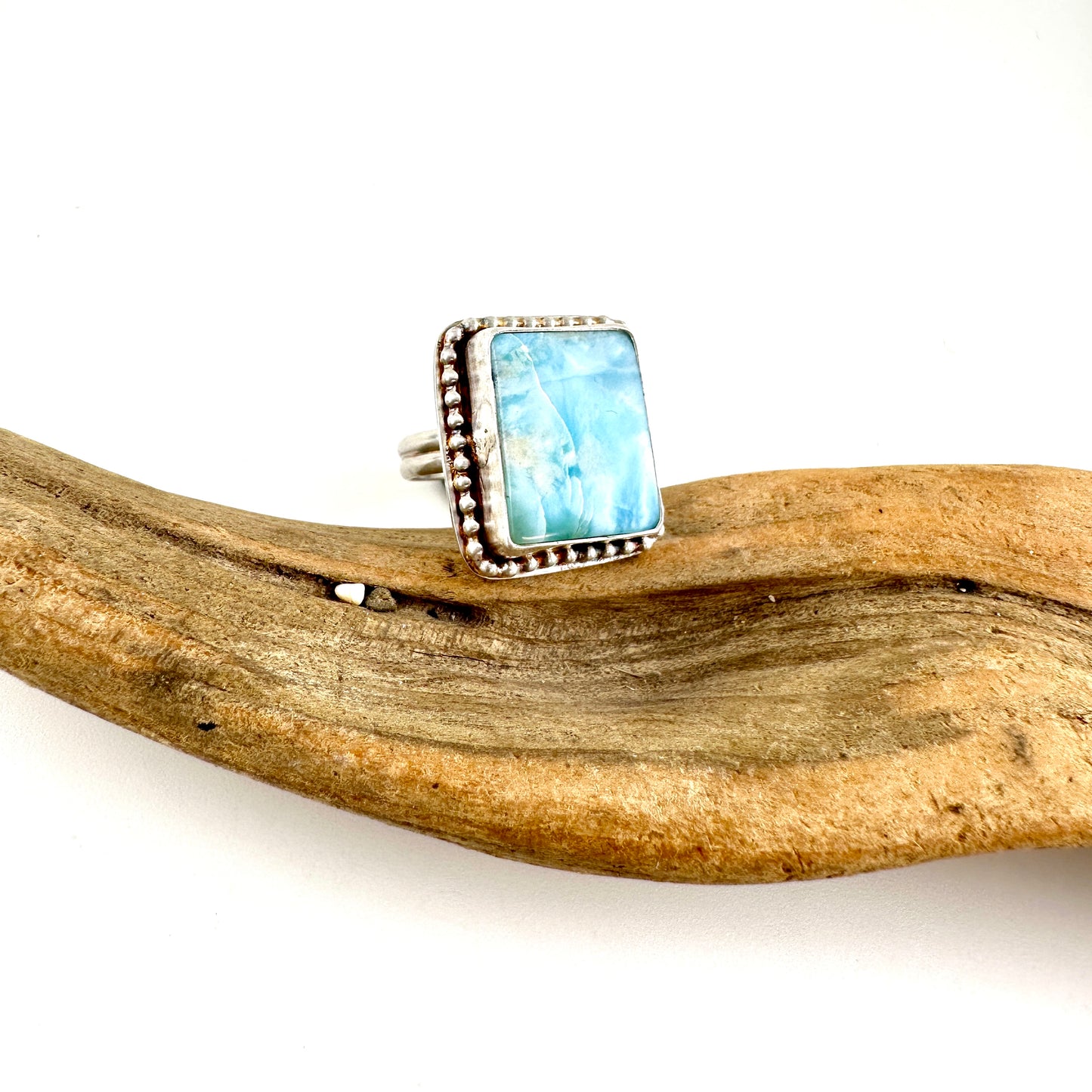 Rectangle Larimar with Beaded Decorative Ring Size 8.5