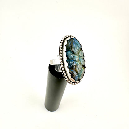 Carved Oval Blue Labradorite Ring Size 9.5