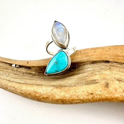 Turquoise & Moonstone Adjustable Ring Size 8.75
