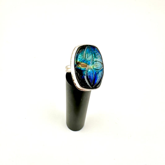 Carved Rectangle Blue Labradorite Ring Size 9.5